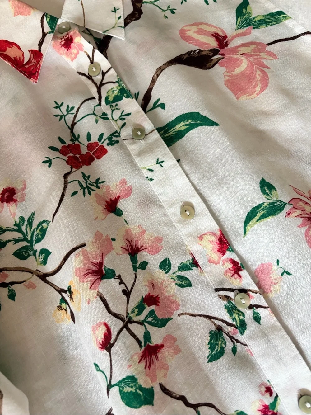 Chicos No Iron Kyoto Bloom 100% Linen Shirt Cuffed 3/4 Sleeve Top, Size 1, M